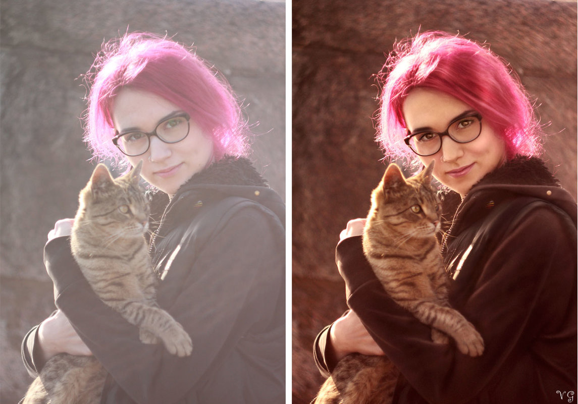 девочка с котом (до и после) - Veronika G