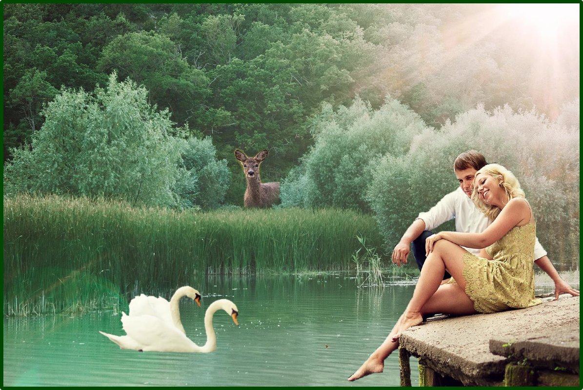 Девушка у озера с лебедями