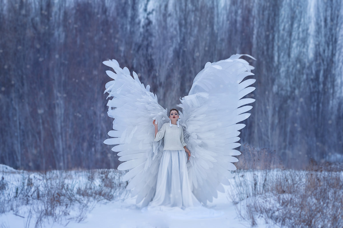 Фотосессия с крыльями зимой