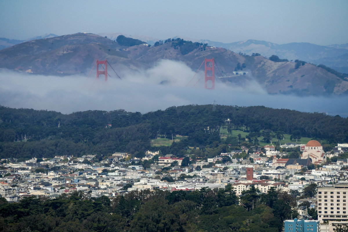 В тумане видны только опоры моста Золоты́е Воро́та (Golden Gate Bridge). - Юрий Поляков