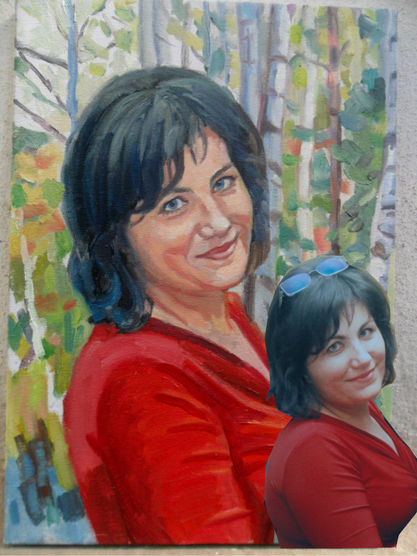 портрет женщины по фото в красном платье на фоне берез - Ольга Михайленко 