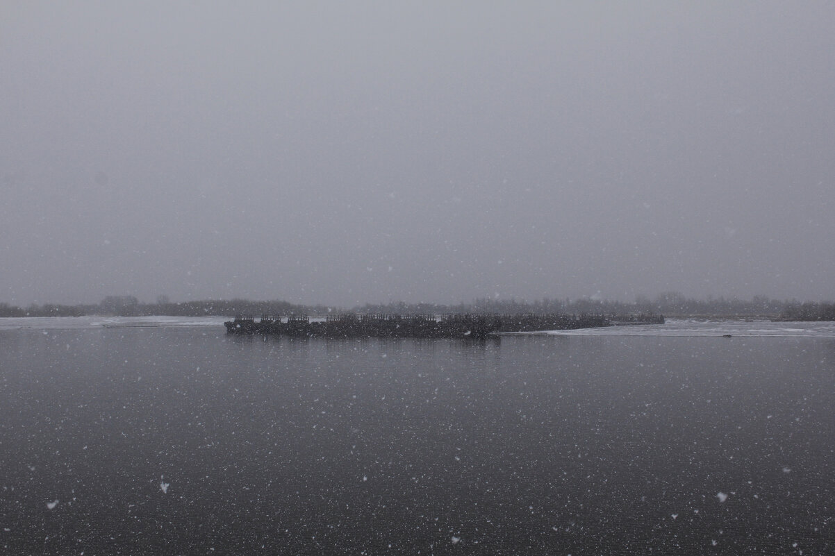 Снегопад над протокой Алешкинская и стайка барж - Ilya Yurukin