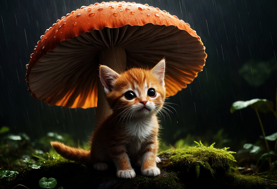 Бездомный котёнок прячется от дождя под грибочком - Анатолий Клепешнёв