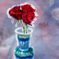 Красные розы в синей вазе - акварелька :: Татьяна Губина