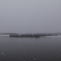 Снегопад над протокой Алешкинская и стайка барж :: Ilya Yurukin