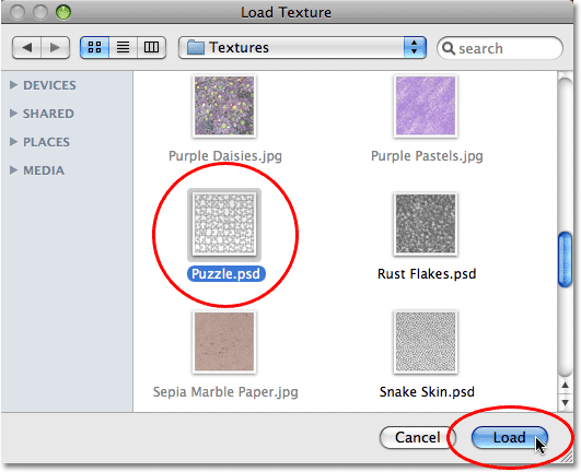 Находим папку Texture в директории Photoshop и выбираем текстуру Puzzle