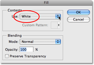 Чтобы сменить цвет фона на белый, открываем слой “Background color” и выбираем команду Fill в меню Edit, а в открывшемся окне выбираем White в опции Contents