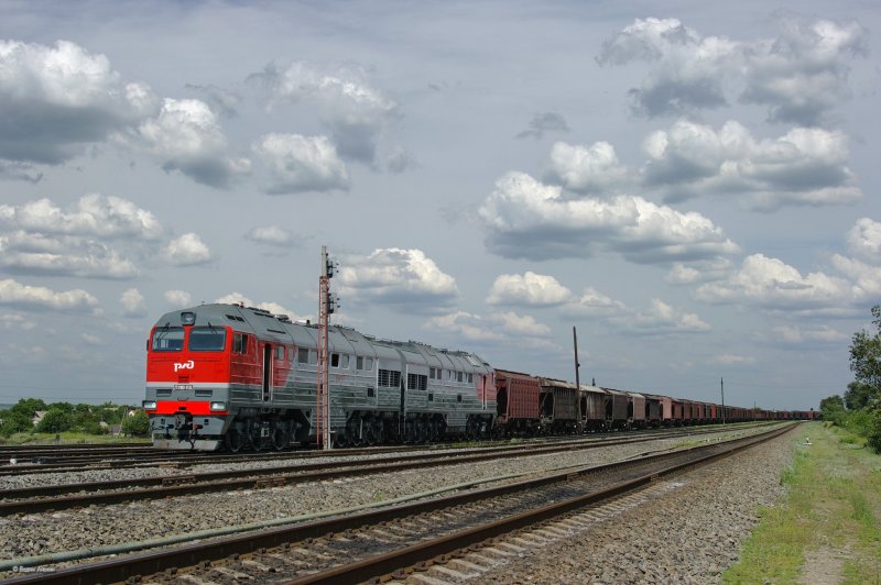 Diesel locomotive 2TE116U-0135 with cargo train on