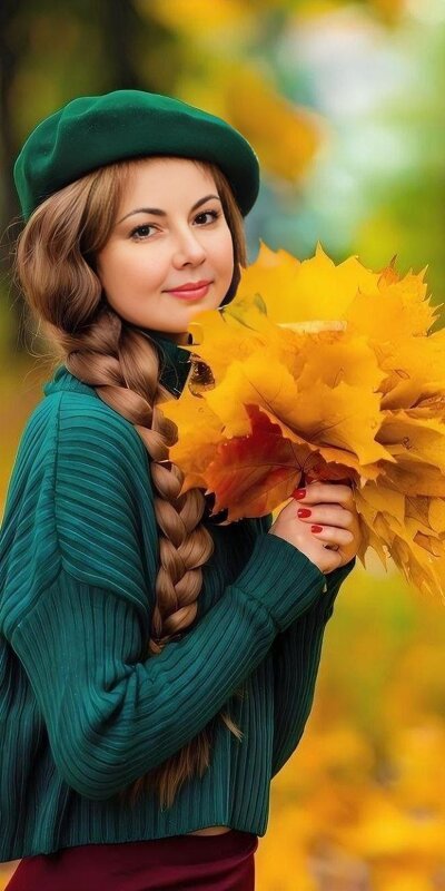 Девушка с осенним букетов из листьев - Ольга 