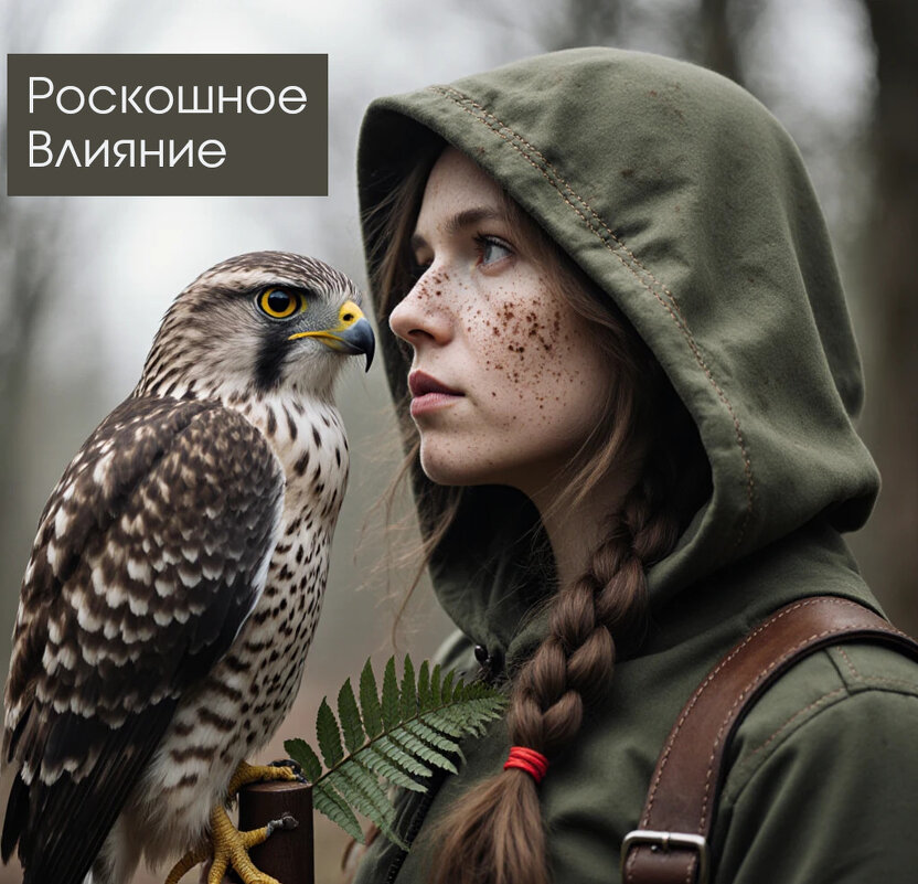Девушка-рейнджер в лесу с соколом на руке в поисках нечести - Роскошное Влияние