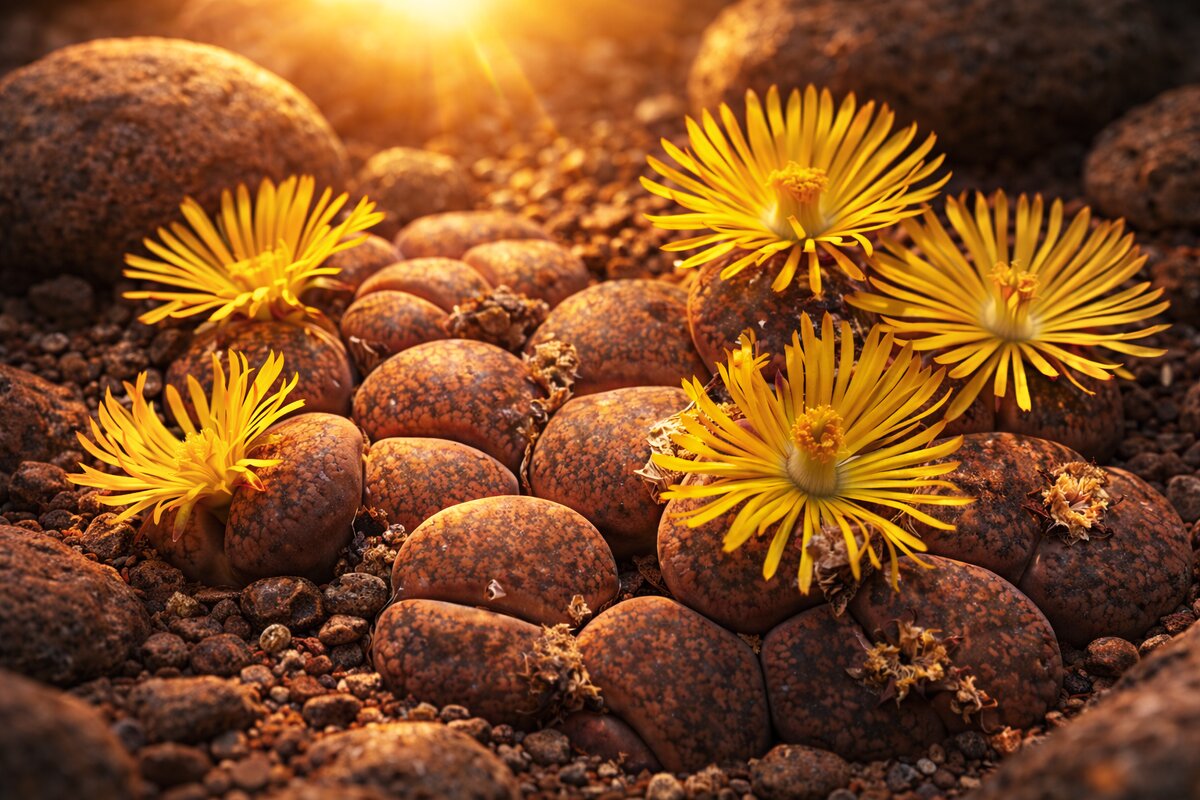 Мои литопсы цветут сейчас. Но фон и солнце сделал ИИ - Александр Деревяшкин