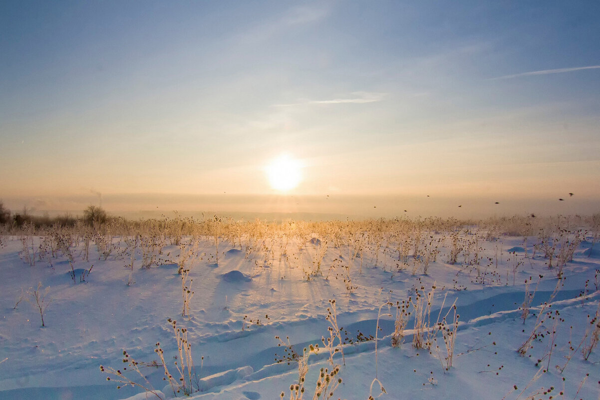 Солнечный зимний пейзаж на восходе солнца туманным утром с воронками - Владимир Кириченко