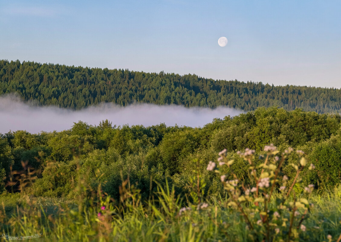 Ранее утро, туманная прохлада над рекой Ухта и полная Луна - Николай Зиновьев