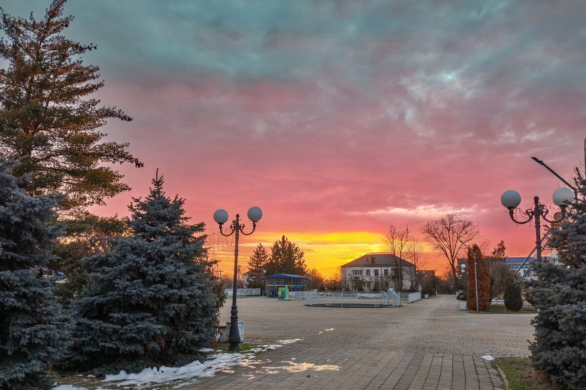 Закат в обрамлении елей и фонарей - Валерий Ткаченко