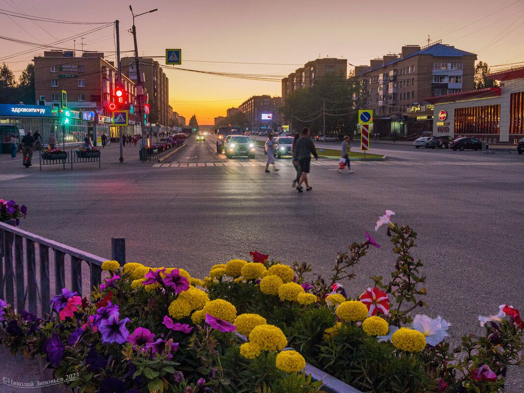 Ухта. Северные закаты на проспекте Ленина, вдали уже тайга..., вот и комарья в городе хватает - Николай Зиновьев