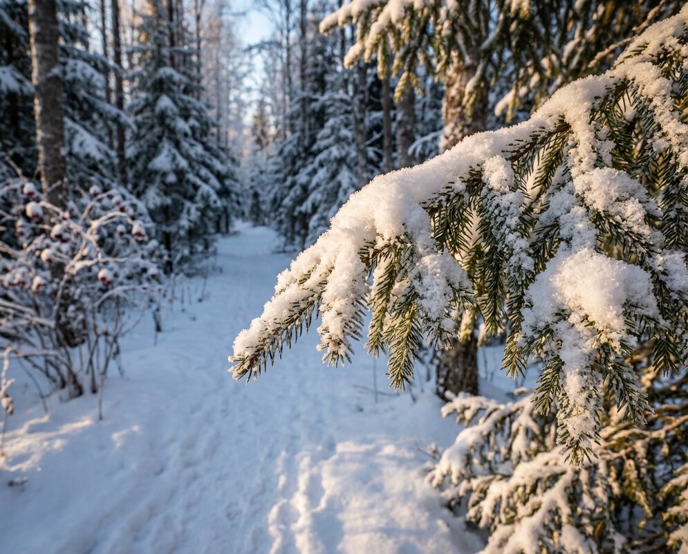 Еловые лапки на солнце зимой - Лилия 
