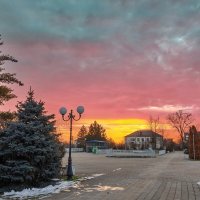 Закат в обрамлении елей и фонарей :: Валерий Ткаченко